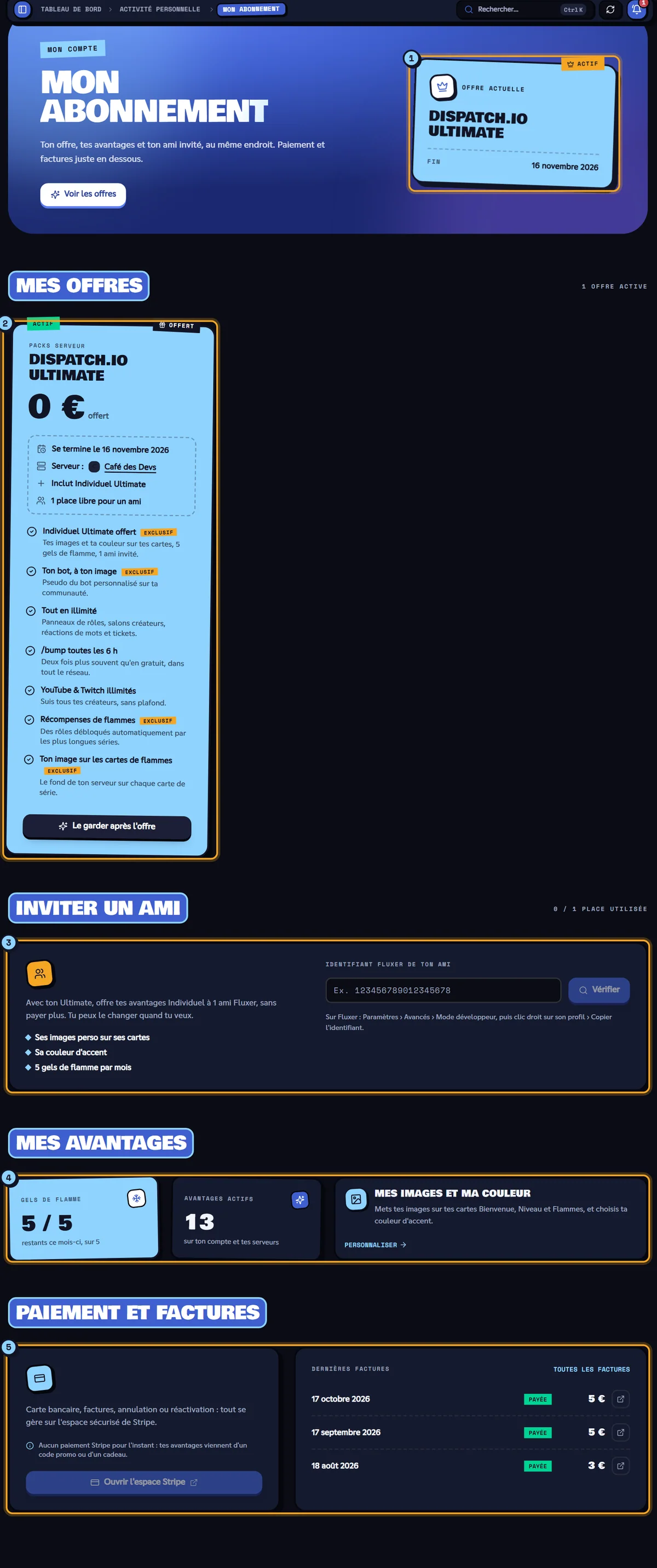 La page Mon abonnement : l'offre actuelle (1), Mes offres (2), Inviter un ami (3), Mes avantages (4) et Paiement et factures (5). Page Mon abonnement avec l'offre actuelle, les offres, l'ami invité, les avantages et les factures