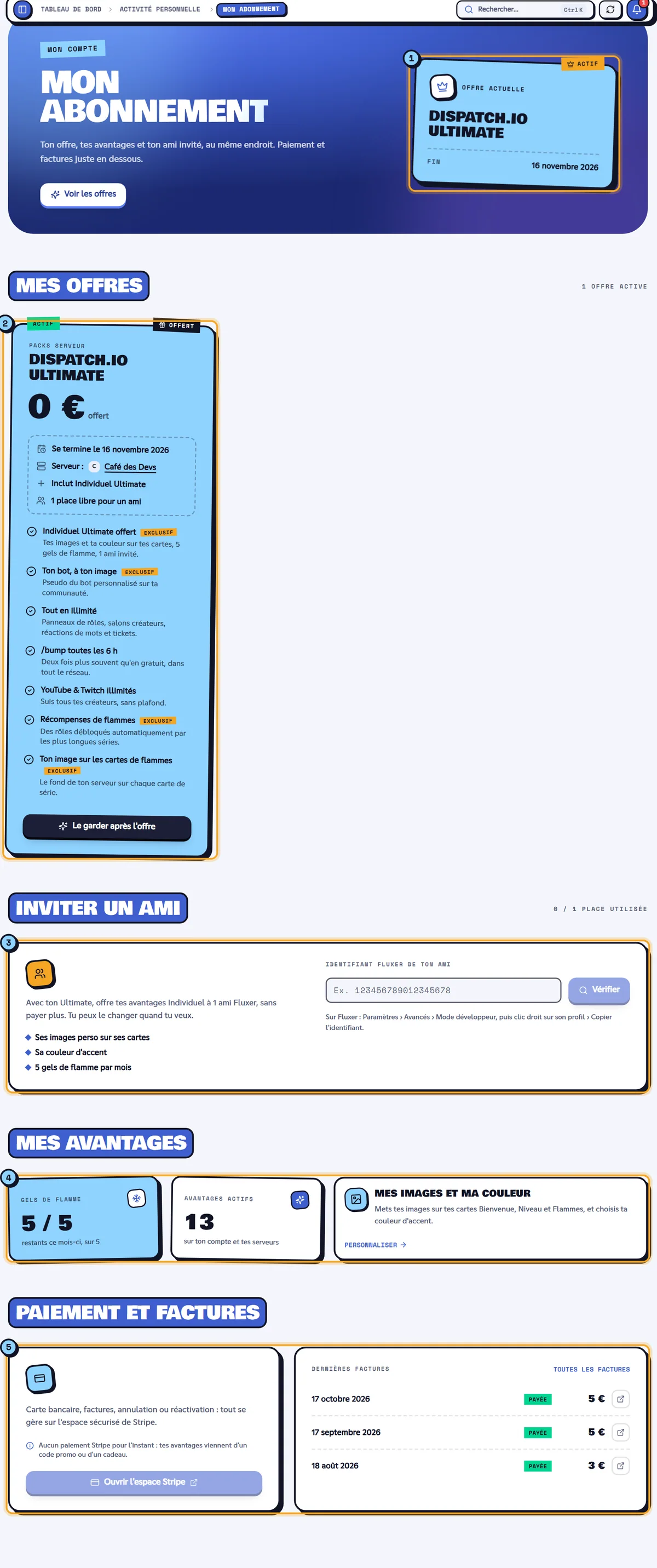 La page Mon abonnement : l'offre actuelle (1), Mes offres (2), Inviter un ami (3), Mes avantages (4) et Paiement et factures (5). Page Mon abonnement avec l'offre actuelle, les offres, l'ami invité, les avantages et les factures
