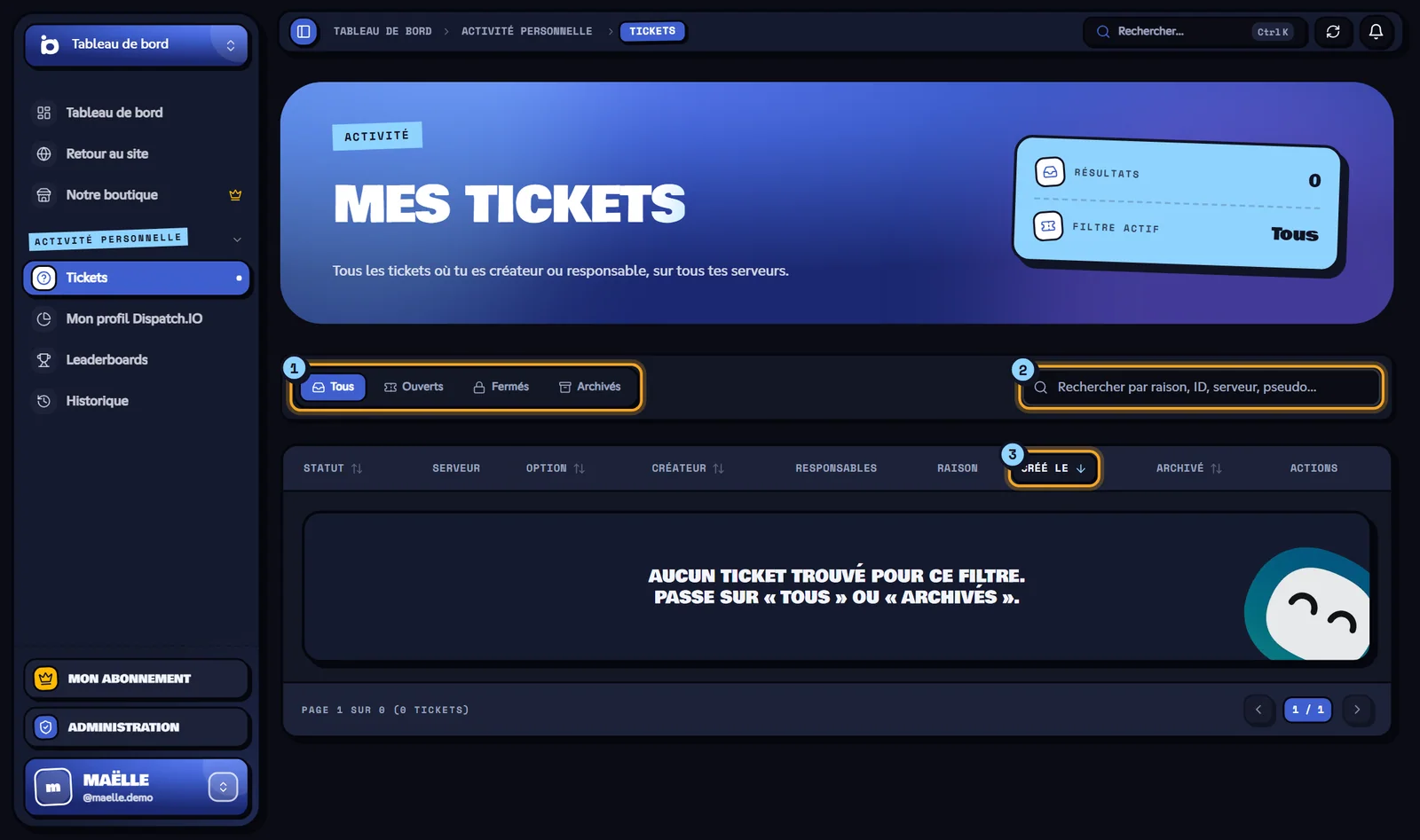 La page Mes tickets : le filtre d'état (1), la recherche (2), une colonne triable (3), le badge Archivé (4) et le bouton Ouvrir (5). Liste Mes tickets avec les filtres, la recherche et le tableau