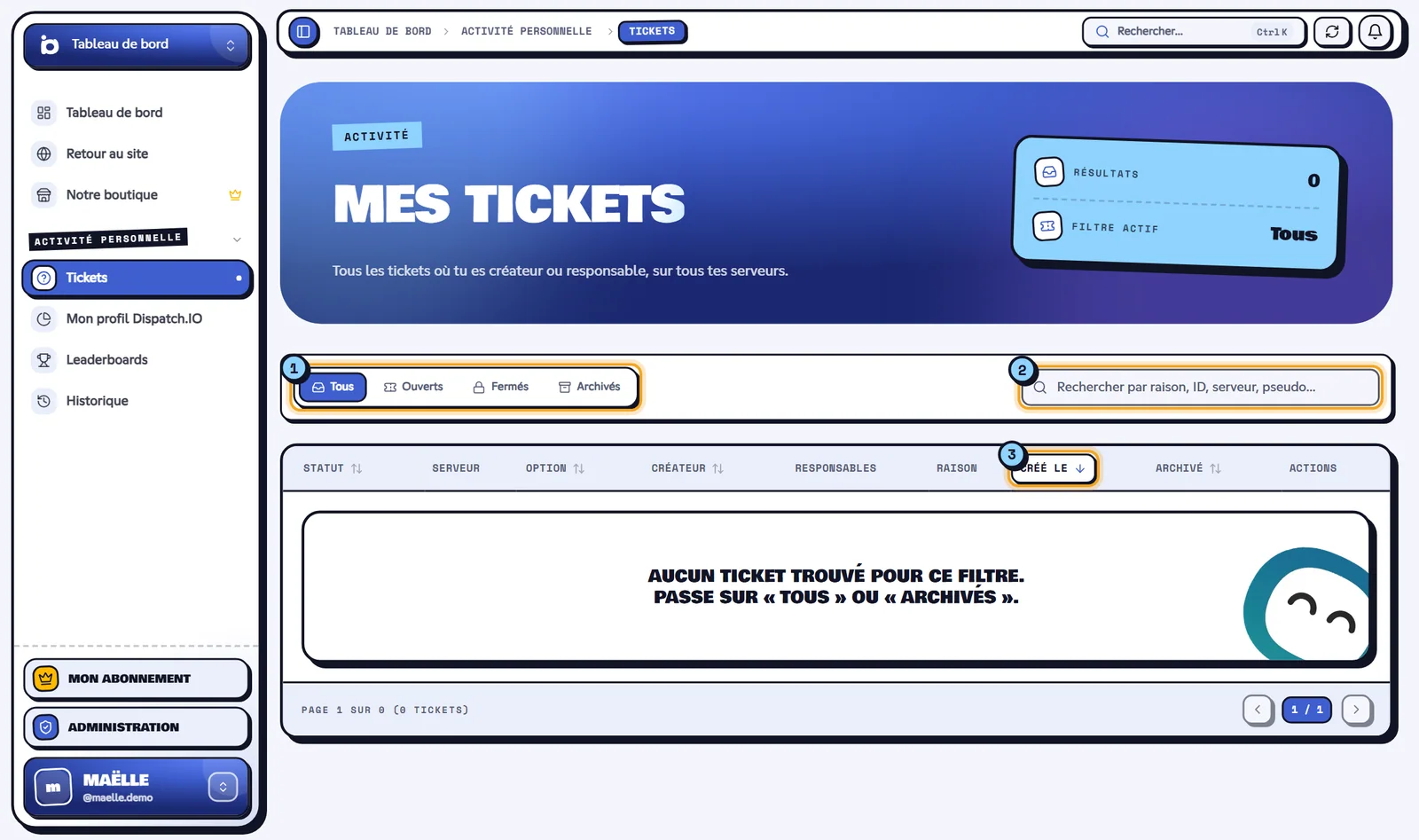 La page Mes tickets : le filtre d'état (1), la recherche (2), une colonne triable (3), le badge Archivé (4) et le bouton Ouvrir (5). Liste Mes tickets avec les filtres, la recherche et le tableau