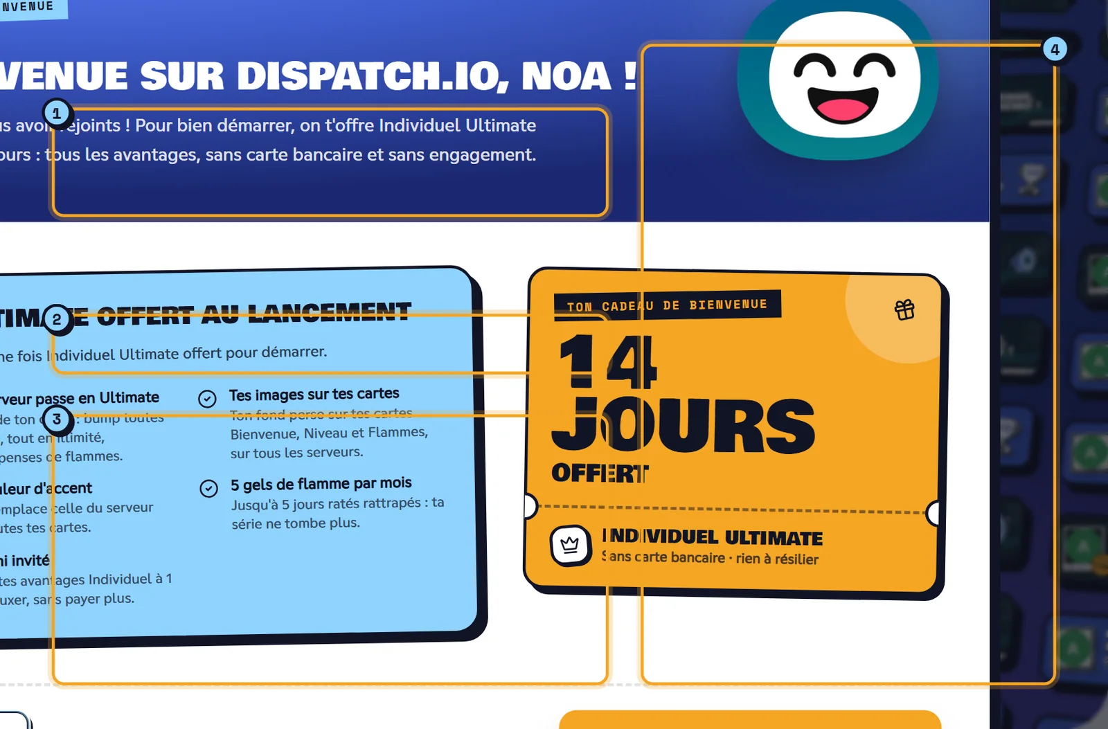 Haut de l'accueil du tableau de bord avec le bandeau de Noa