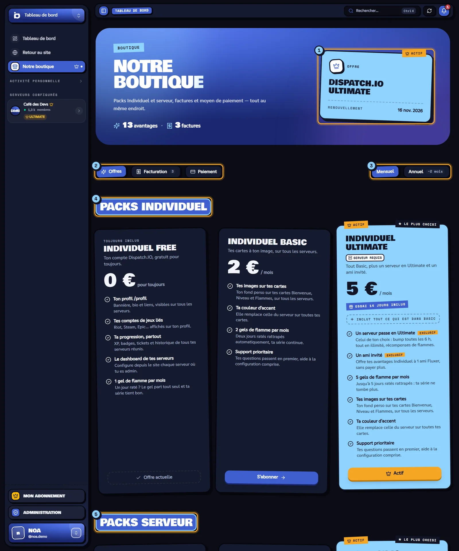 Page Notre boutique avec l'offre actuelle, les onglets et les packs