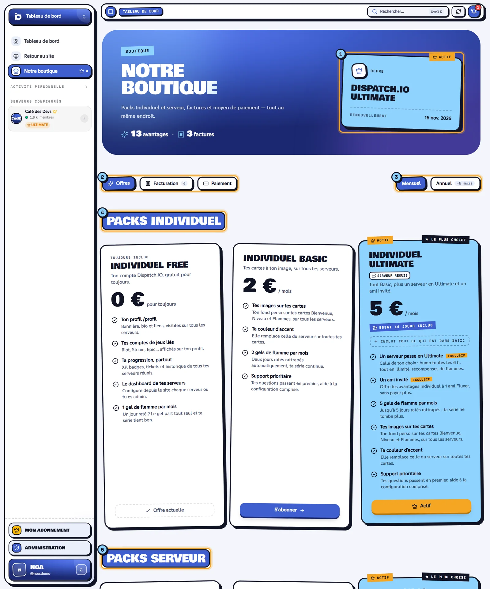 Page Notre boutique avec l'offre actuelle, les onglets et les packs