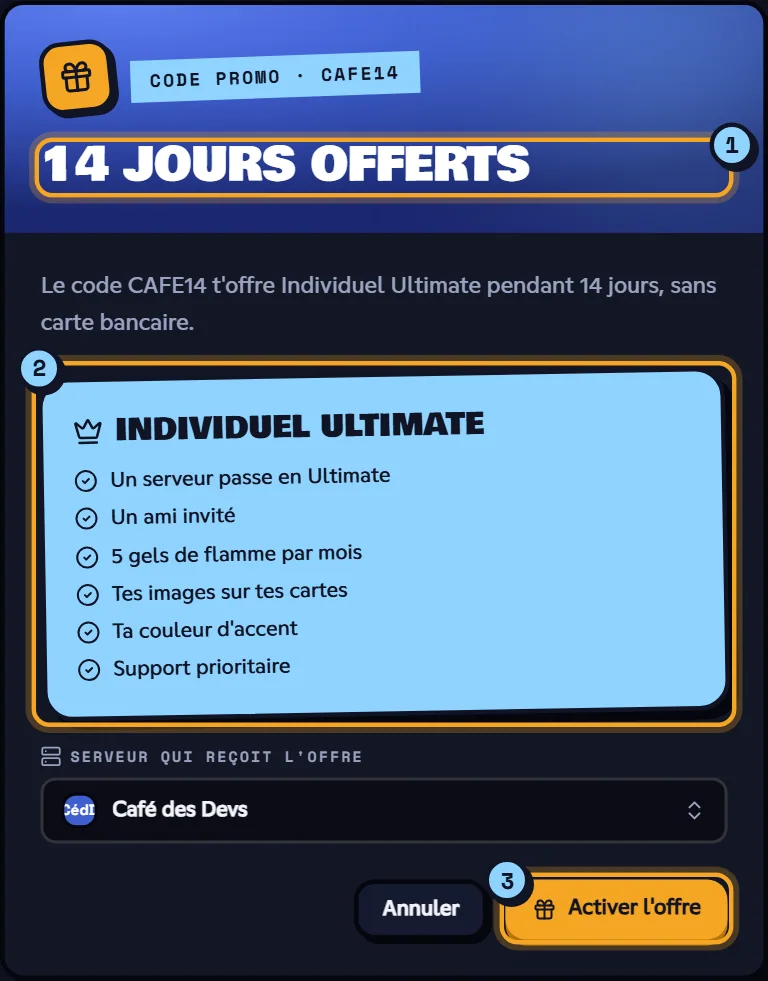 Fenêtre d'un code promo de jours offerts prêt à être activé