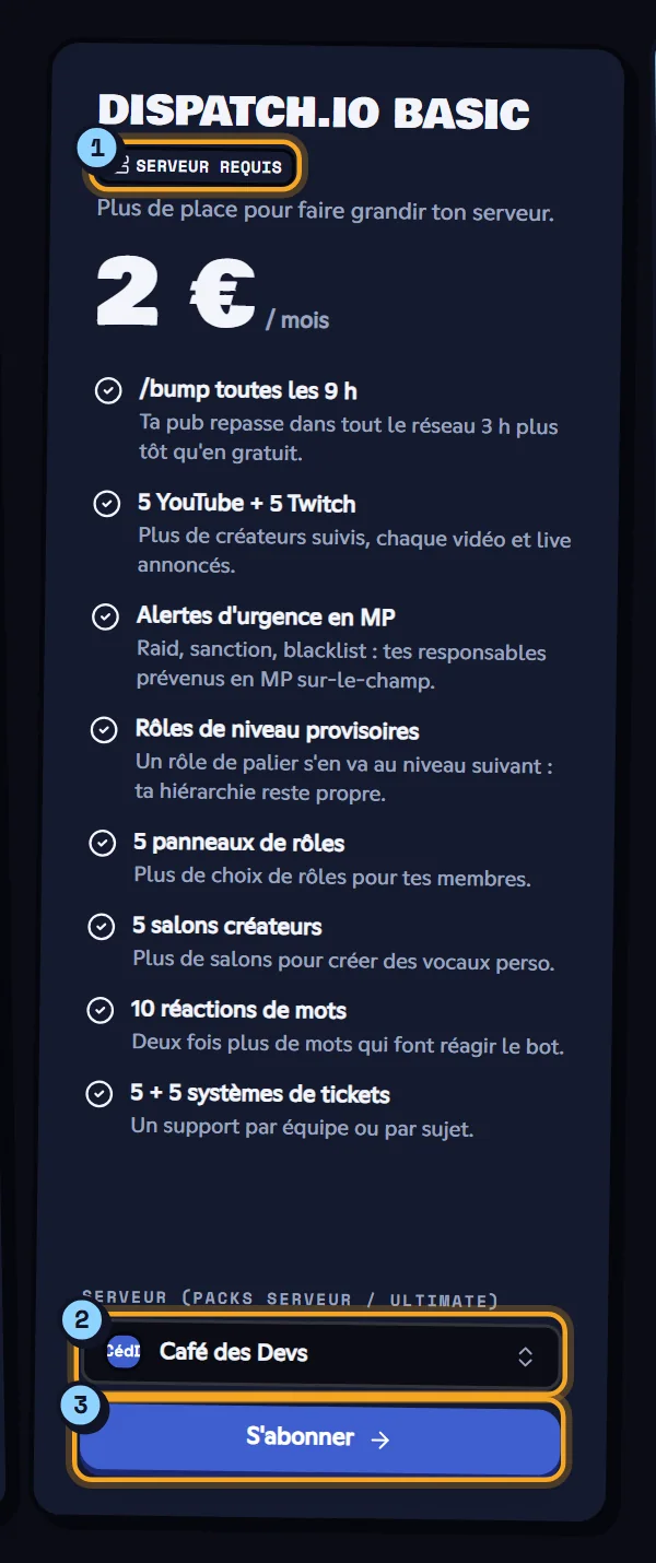 Carte de l'offre Dispatch.IO Basic avec le choix du serveur