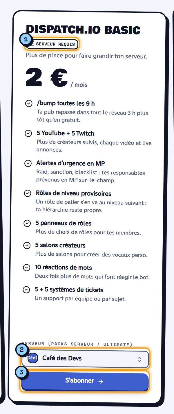 Carte de l'offre Dispatch.IO Basic avec le choix du serveur