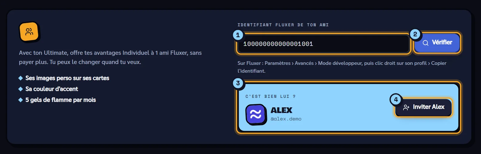 Carte Inviter un ami avec la confirmation du profil d'Alex