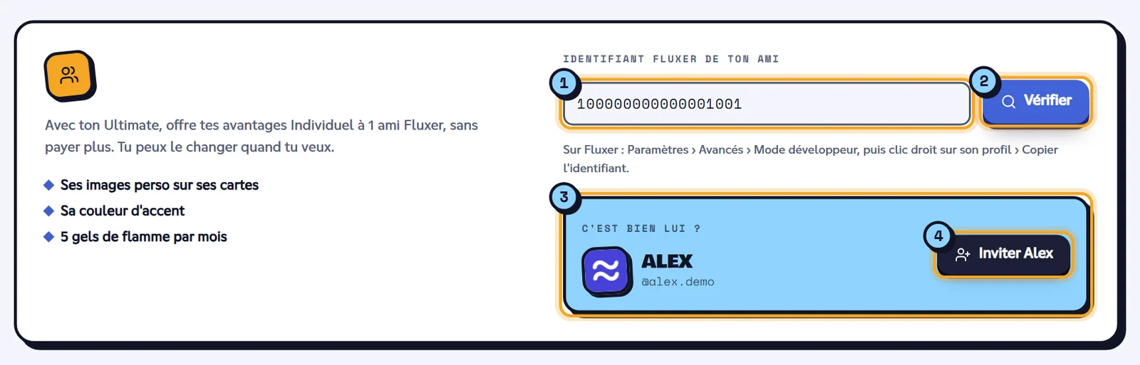 Carte Inviter un ami avec la confirmation du profil d'Alex