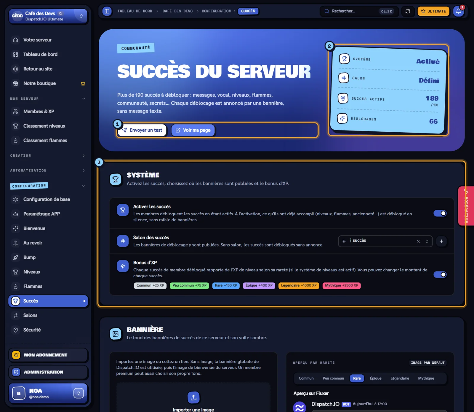 Page Succès du serveur avec les boutons, les indicateurs et le bloc Système