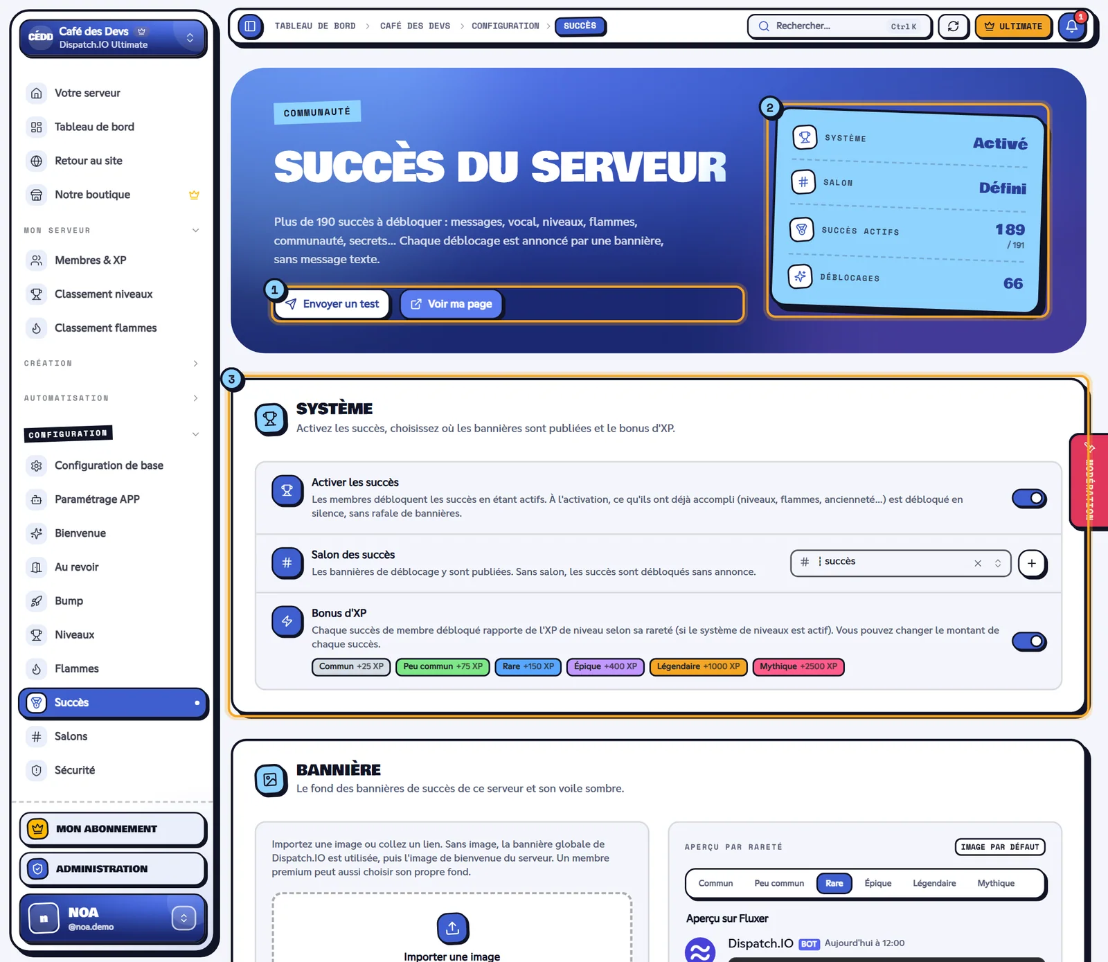 Page Succès du serveur avec les boutons, les indicateurs et le bloc Système