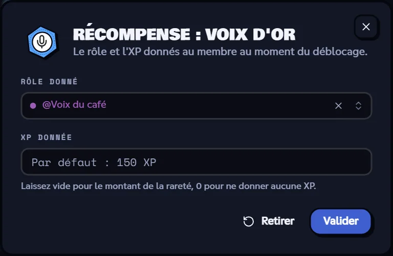 Fenêtre Récompense avec le rôle donné et l'XP donnée
