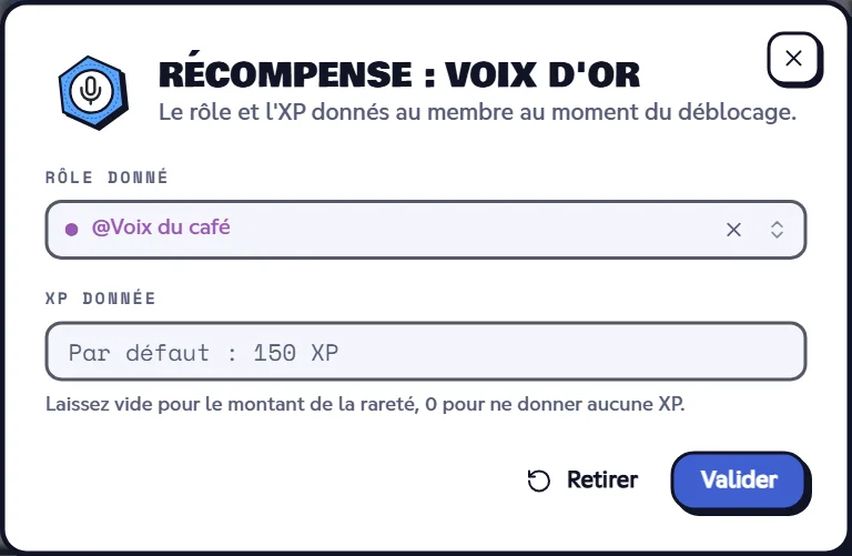 Fenêtre Récompense avec le rôle donné et l'XP donnée