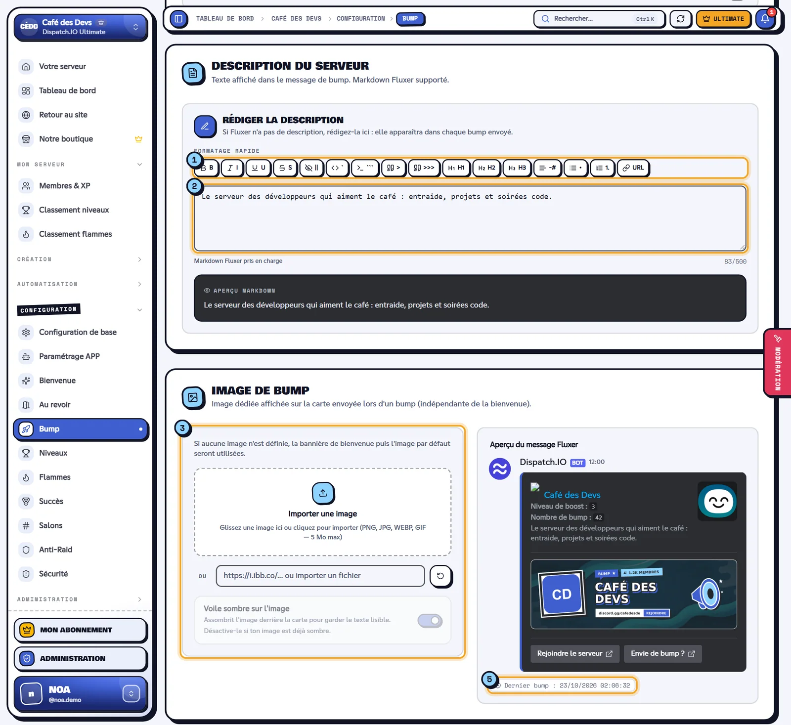 Description du serveur, image de bump et aperçu du message Fluxer