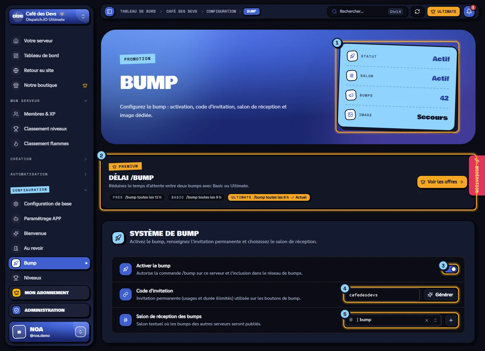 Page Bump avec les indicateurs, le bandeau du délai /bump et le système de bump