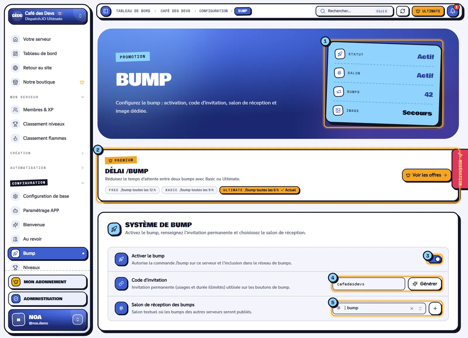 Page Bump avec les indicateurs, le bandeau du délai /bump et le système de bump