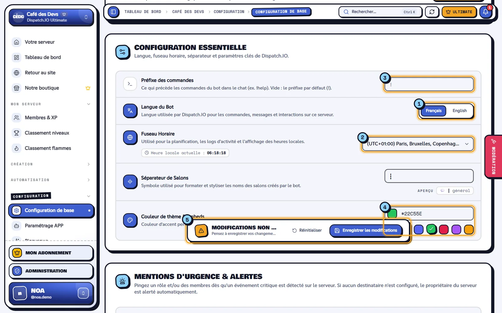 Bloc Configuration essentielle avec la langue, le fuseau horaire, le séparateur et la couleur