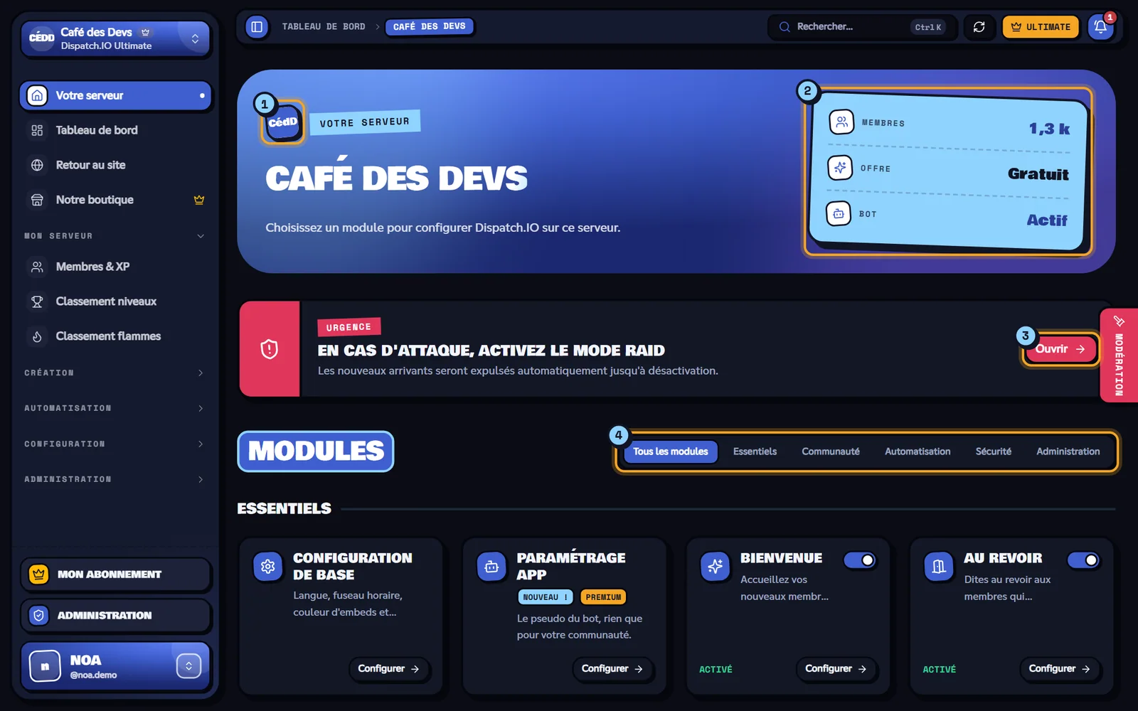 L'accueil d'une communauté sur le tableau de bord : chaque tuile ouvre la page d'un module. Accueil de la communauté Café des Devs sur le tableau de bord, avec les modules