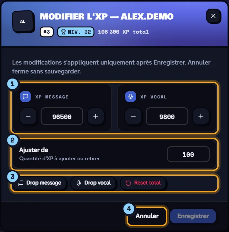 Modifier l'XP d'Alex. Fenêtre Modifier l'XP avec l'XP message, l'XP vocal et les boutons de remise à zéro