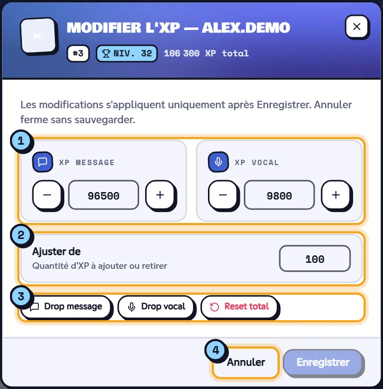 Modifier l'XP d'Alex. Fenêtre Modifier l'XP avec l'XP message, l'XP vocal et les boutons de remise à zéro