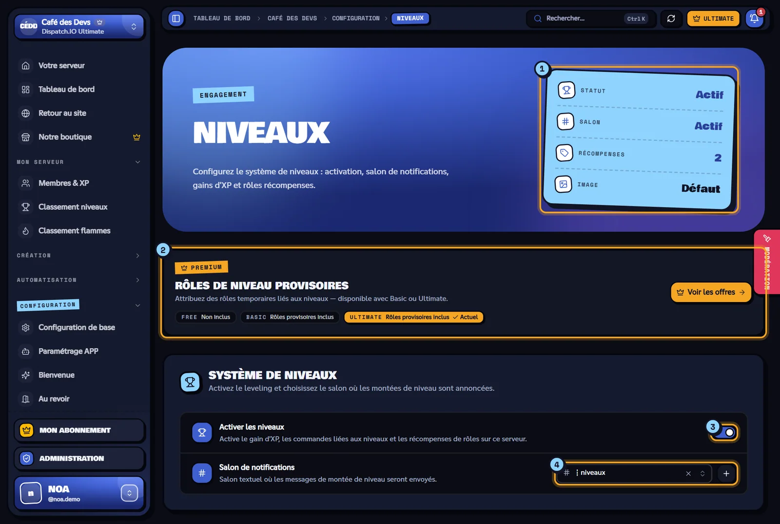 La page Niveaux du serveur Café des Devs. Page Niveaux avec les indicateurs, le bandeau premium et le système de niveaux