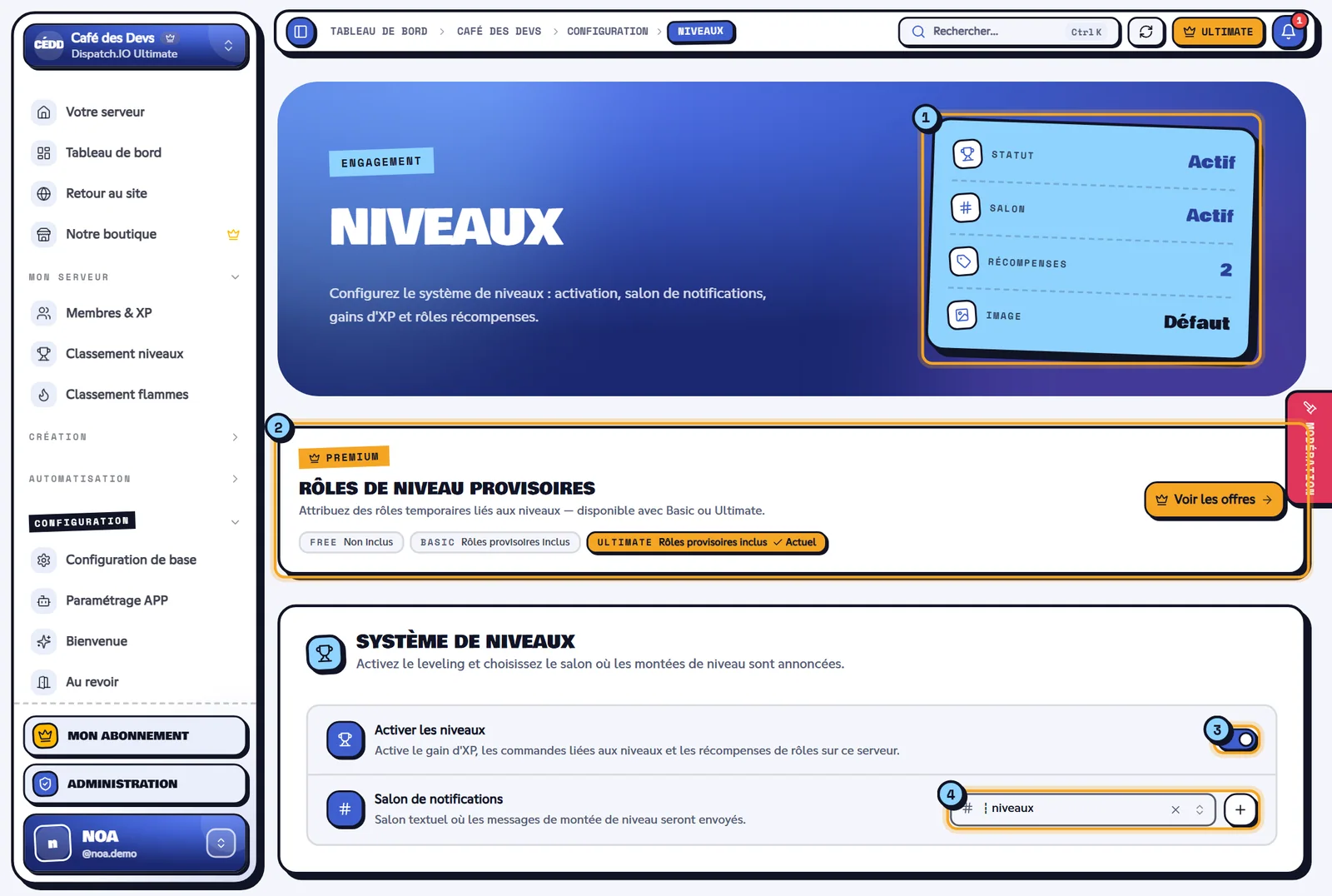 La page Niveaux du serveur Café des Devs. Page Niveaux avec les indicateurs, le bandeau premium et le système de niveaux