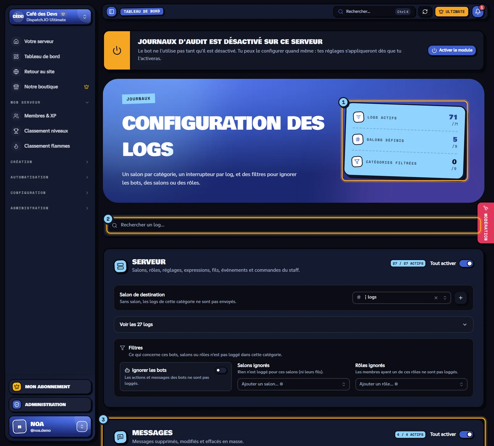 La page Configuration des logs du serveur Café des Devs. Page Configuration des logs avec les indicateurs, la recherche et la carte Messages