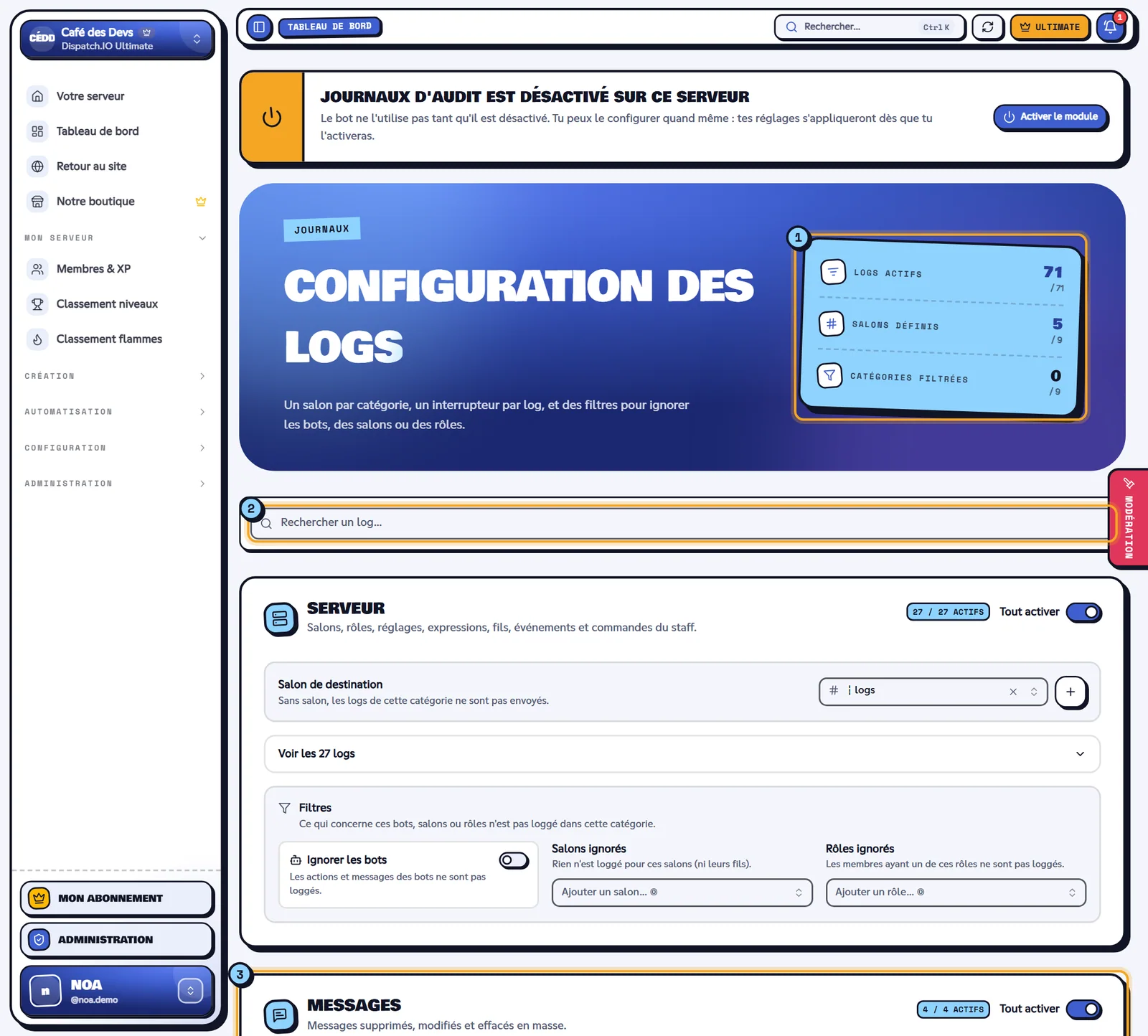 La page Configuration des logs du serveur Café des Devs. Page Configuration des logs avec les indicateurs, la recherche et la carte Messages