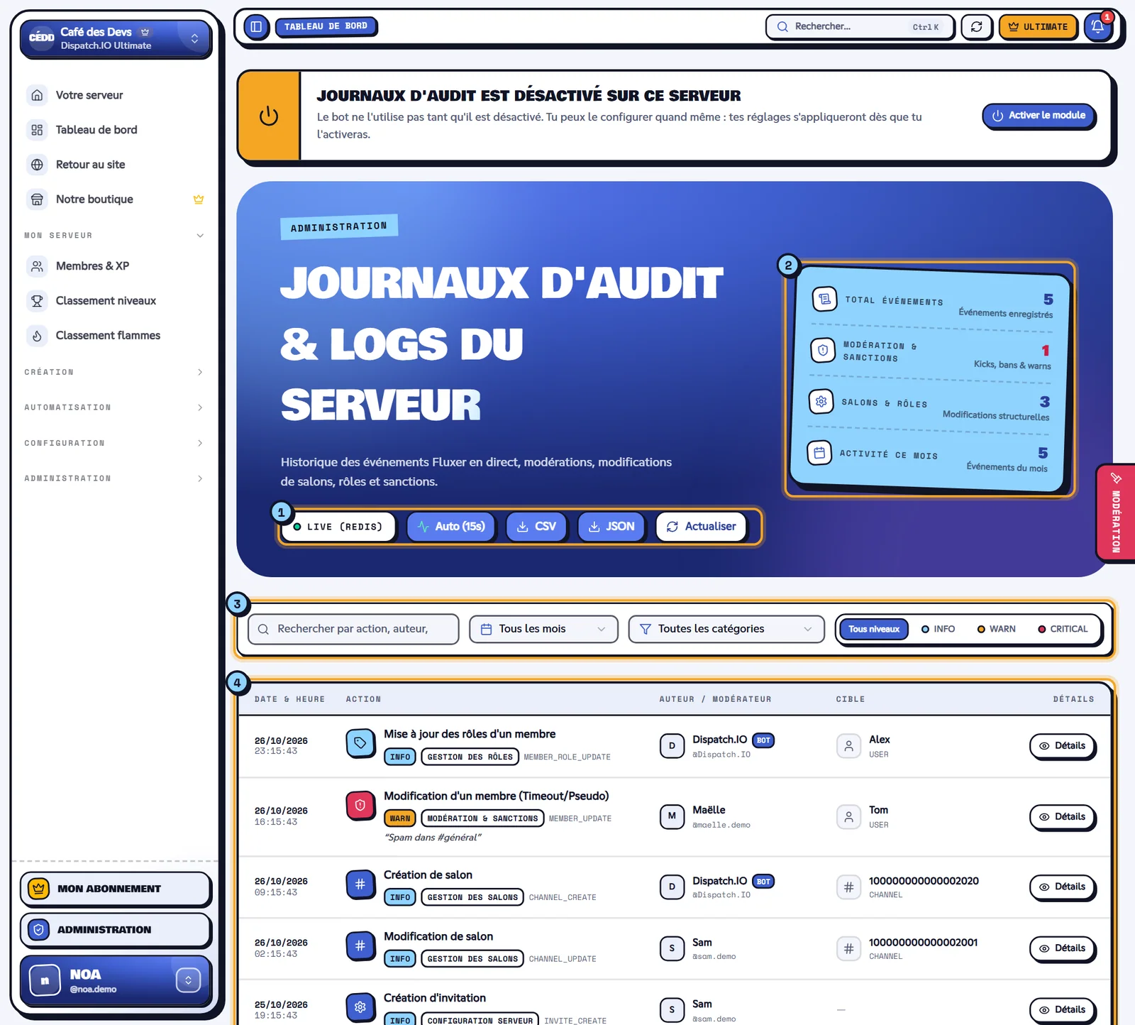 La page Journaux d'audit Fluxer. Page Journaux d'audit Fluxer avec plusieurs événements