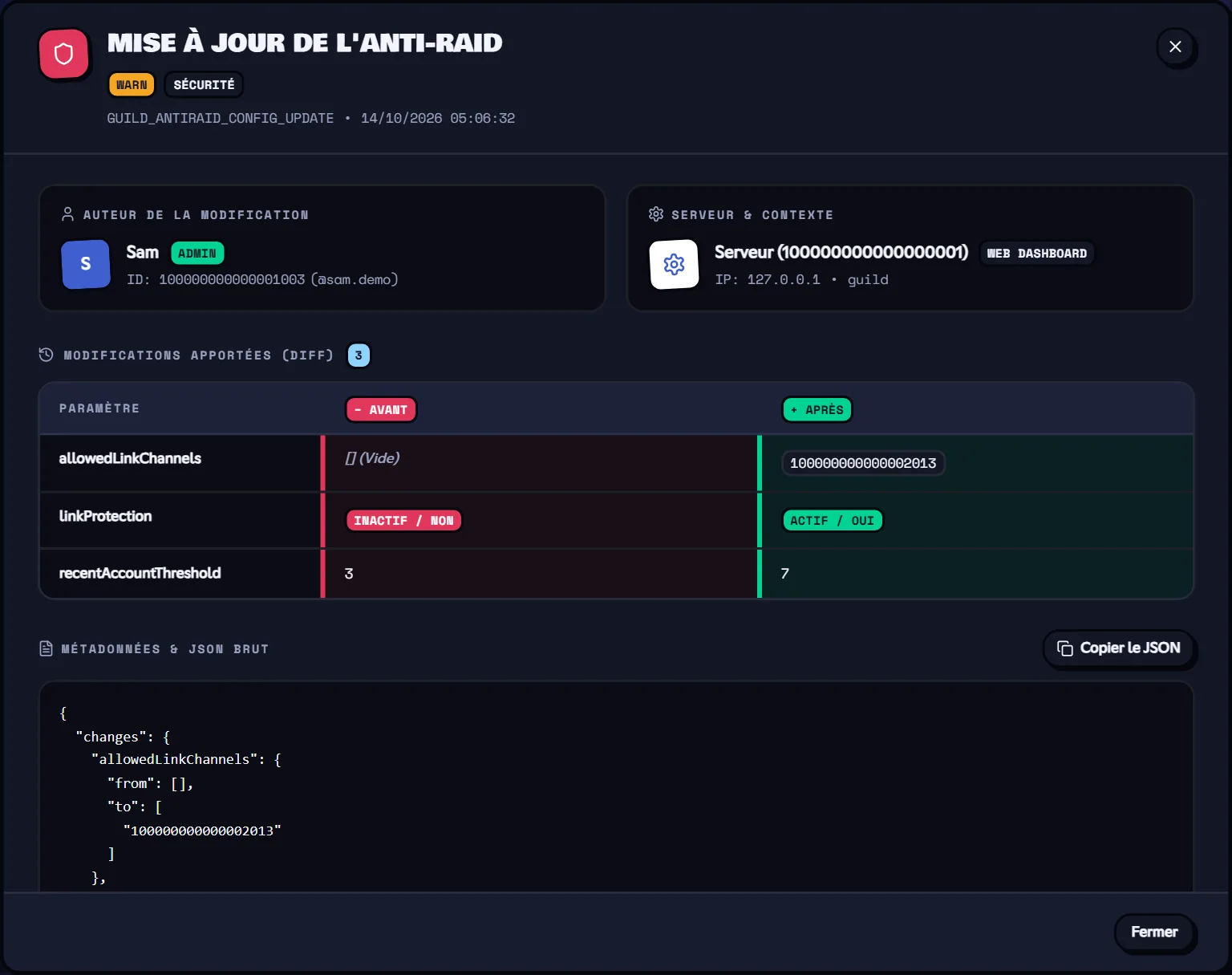 Le détail d'une modification : qui, quoi, avant et après. Fiche d'une modification de configuration avec le diff avant / après
