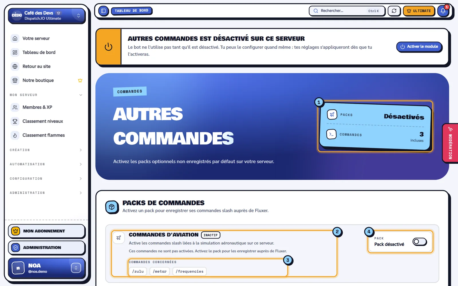 Page Autres commandes avec le pack Commandes d'aviation