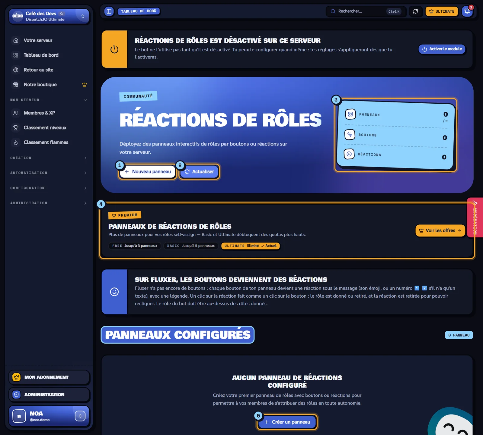 Aucun panneau pour l'instant sur Café des Devs. Page Réactions de rôles sans panneau, avec le bouton Nouveau panneau et les indicateurs