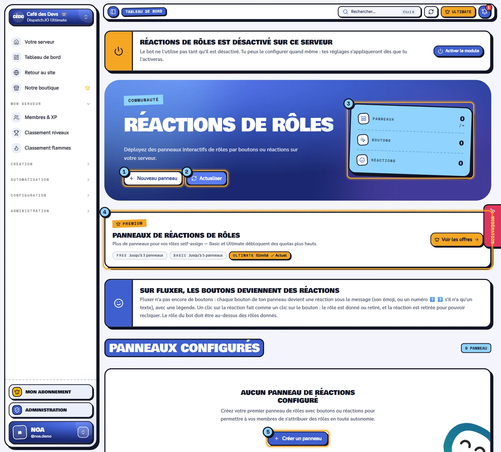 Aucun panneau pour l'instant sur Café des Devs. Page Réactions de rôles sans panneau, avec le bouton Nouveau panneau et les indicateurs