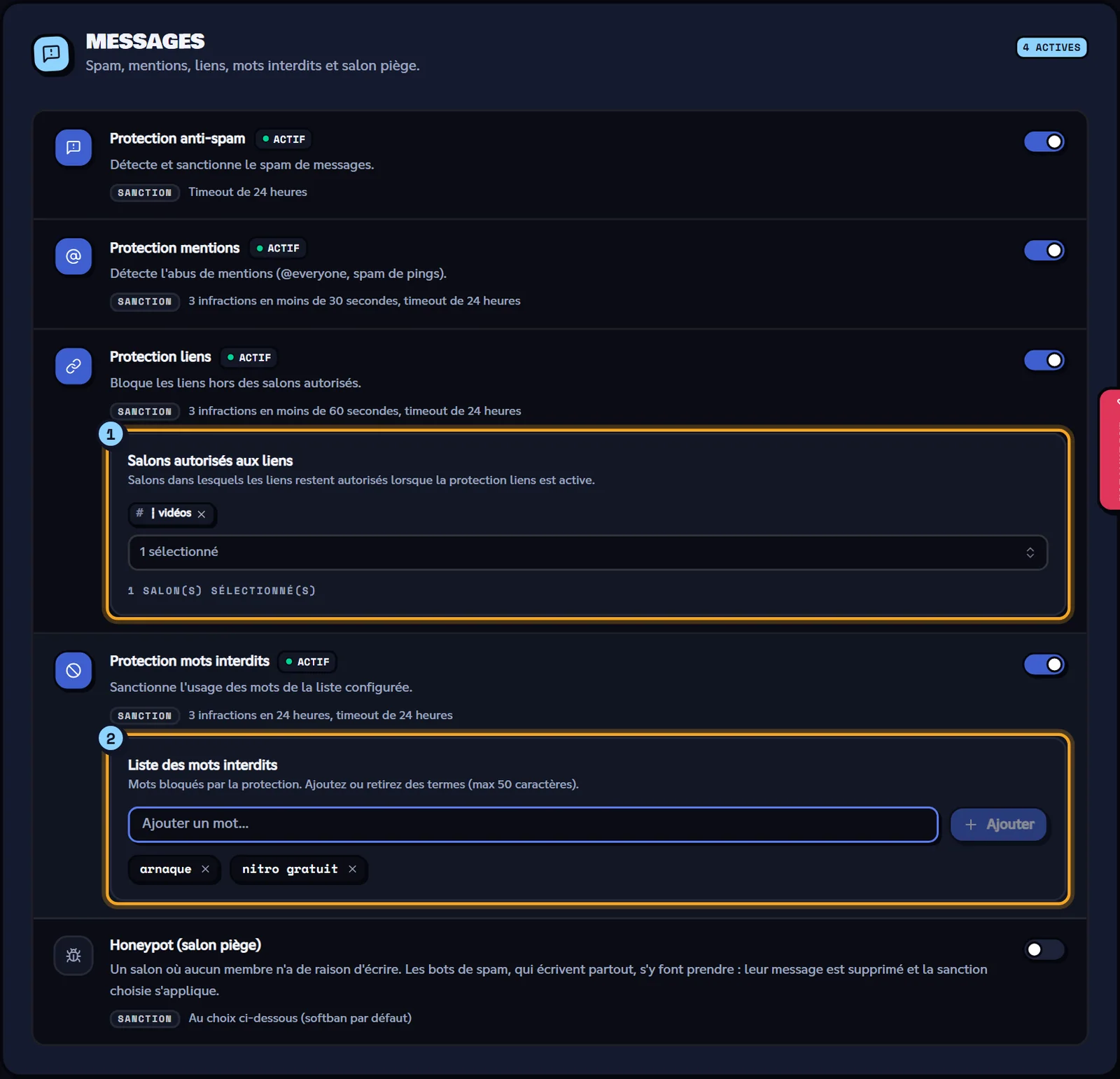 Le groupe Messages, protections liens et mots interdits dépliées. Groupe Messages avec la protection liens et la liste des mots interdits