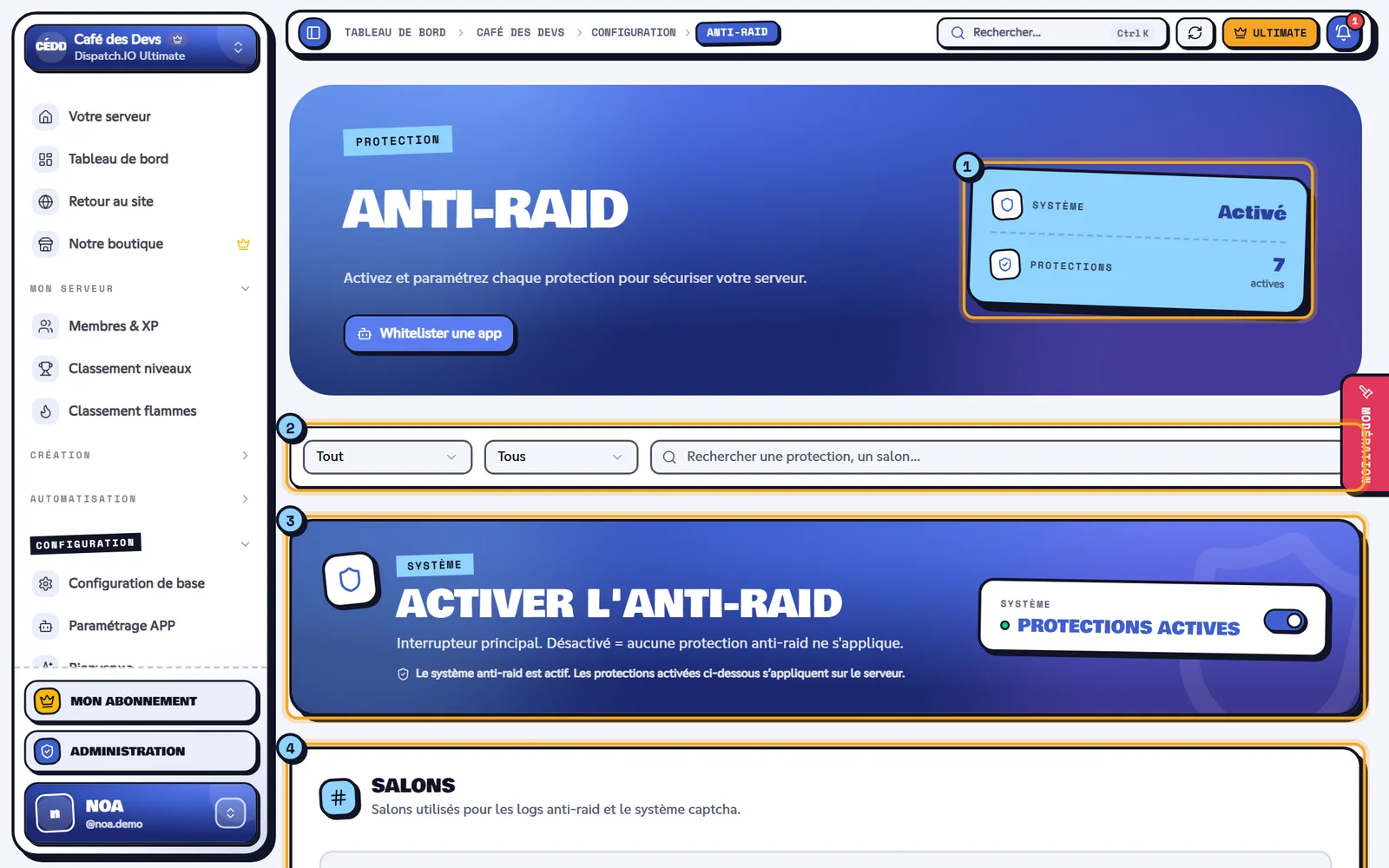 La page Anti-Raid du serveur Café des Devs. Page Anti-Raid avec le système activé et plusieurs protections