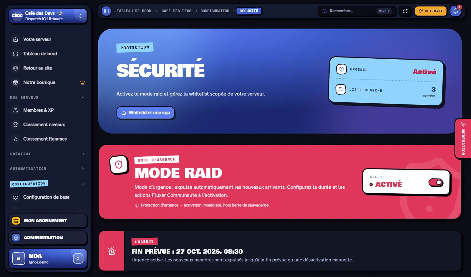 Mode raid actif : le bloc devient rouge et affiche la fin prévue. Page Sécurité avec le mode raid activé