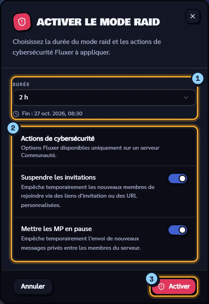 La fenêtre d'activation du mode raid. Fenêtre Activer le mode raid