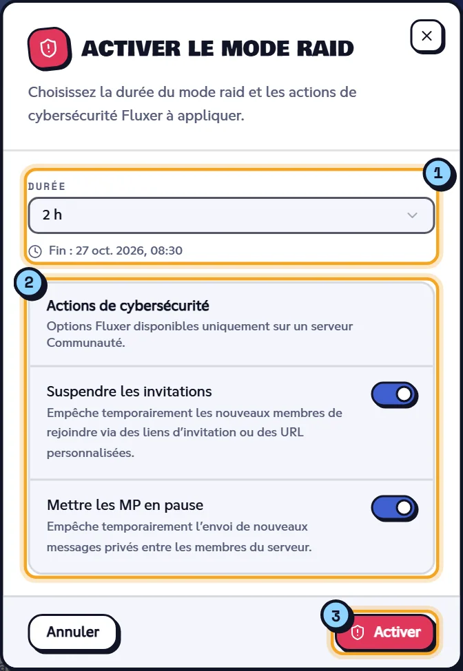 La fenêtre d'activation du mode raid. Fenêtre Activer le mode raid