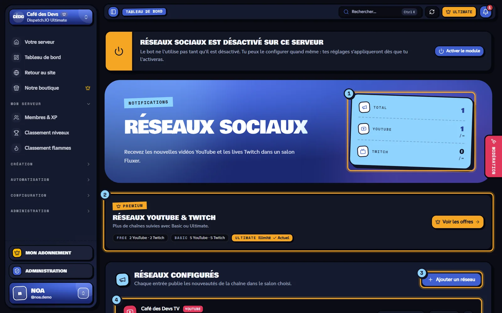 Page Réseaux sociaux avec la chaîne YouTube Café des Devs TV
