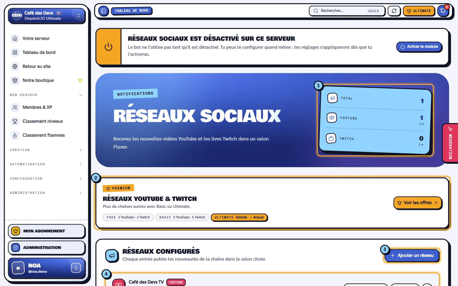 Page Réseaux sociaux avec la chaîne YouTube Café des Devs TV