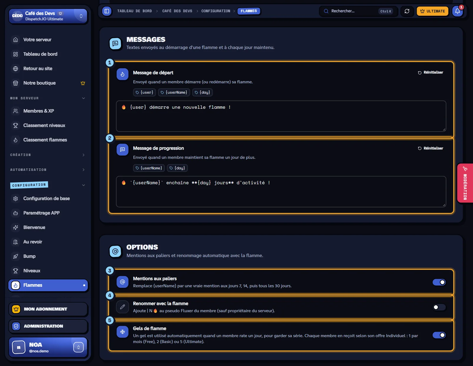 Blocs Messages et Options de la page Flammes