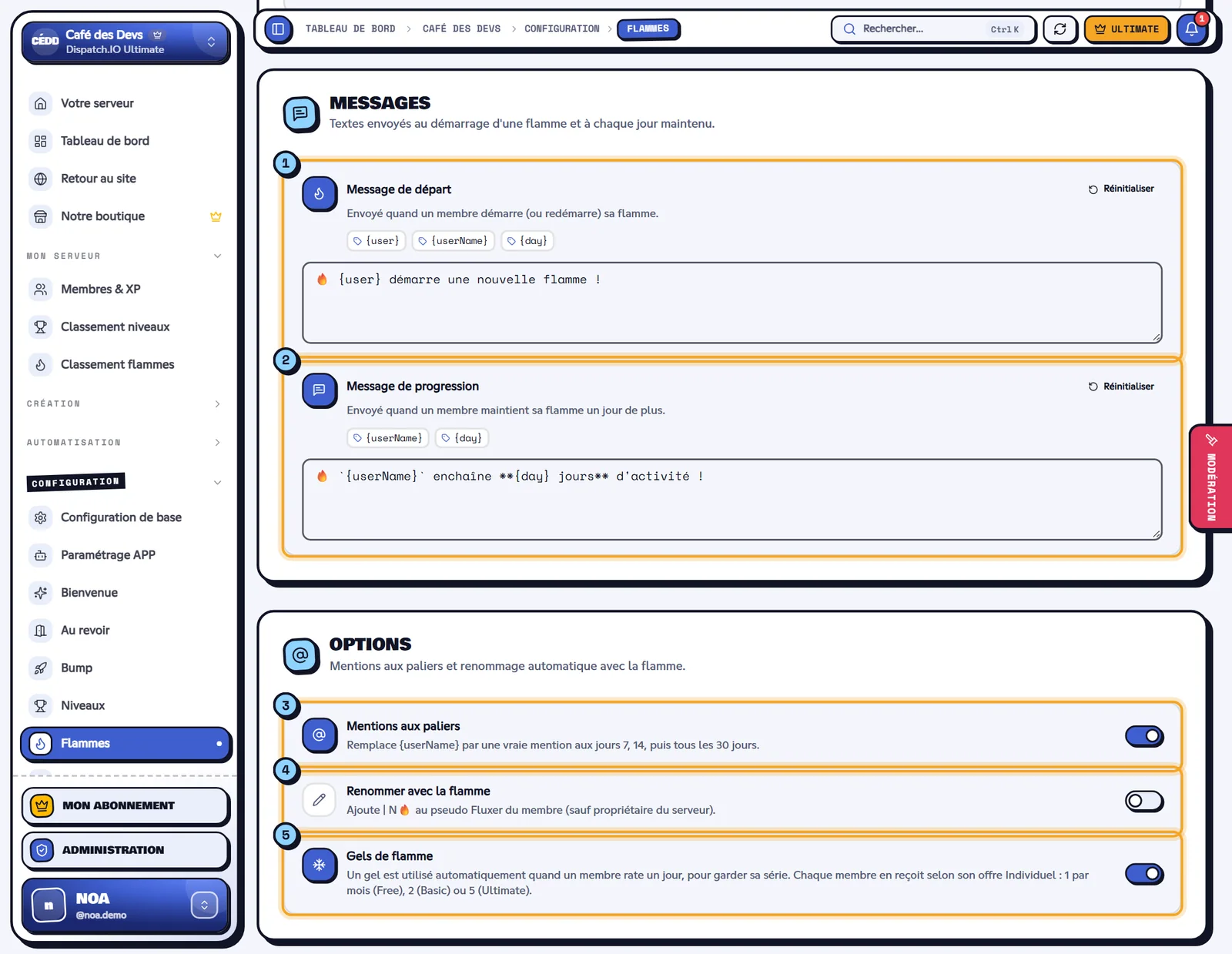 Blocs Messages et Options de la page Flammes