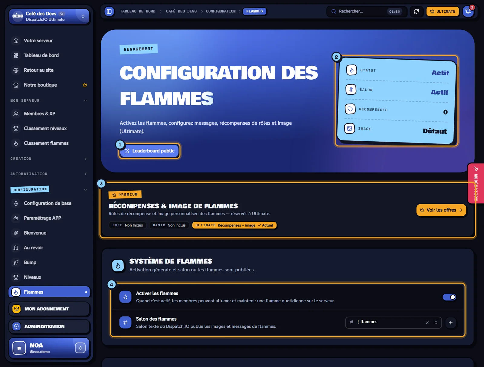 Page Configuration des flammes avec les indicateurs, le bandeau Ultimate et le système de flammes