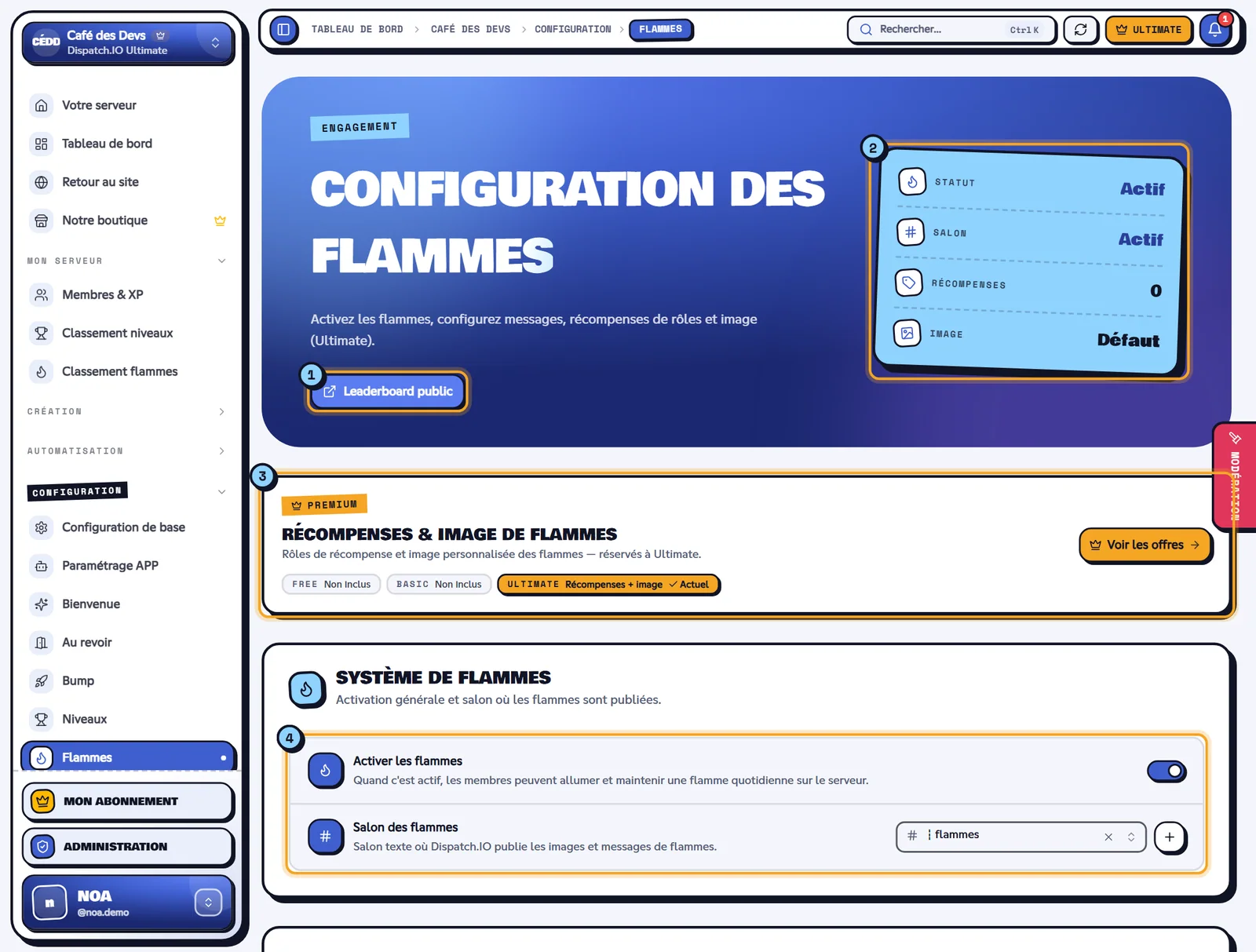 Page Configuration des flammes avec les indicateurs, le bandeau Ultimate et le système de flammes