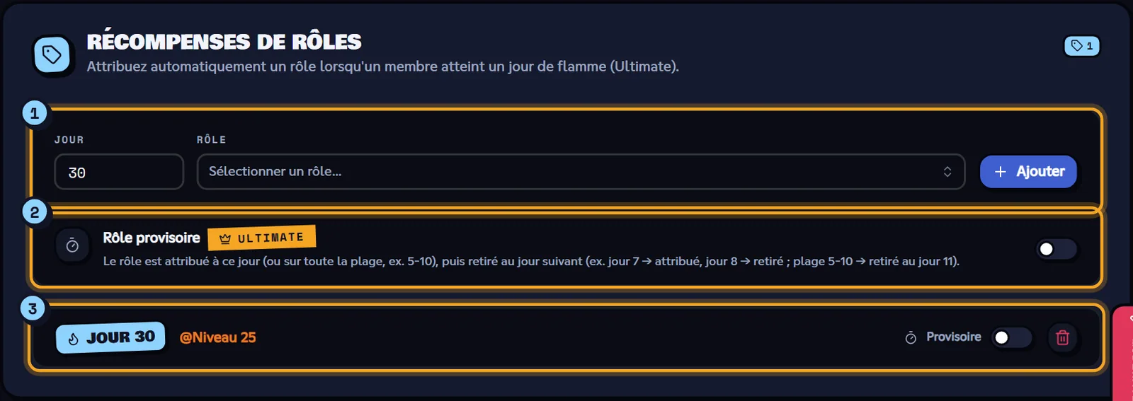 Bloc Récompenses de rôles des flammes avec une récompense au jour 30