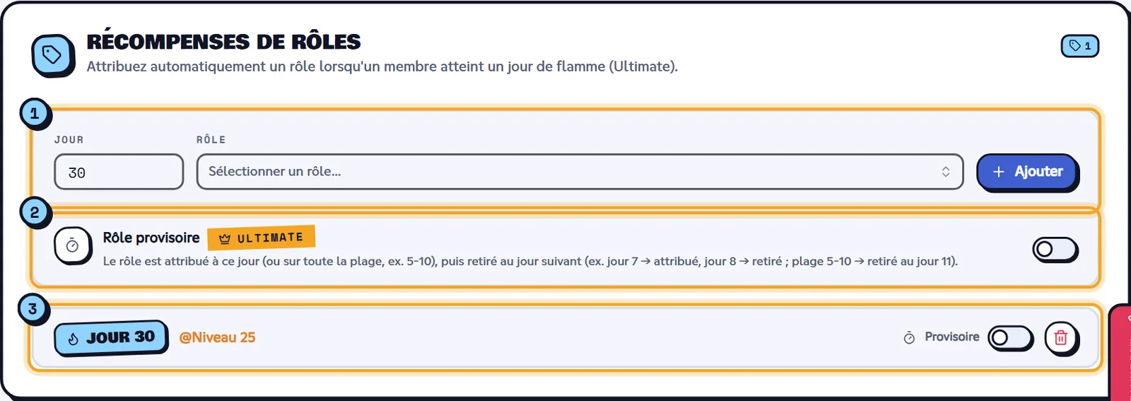 Bloc Récompenses de rôles des flammes avec une récompense au jour 30