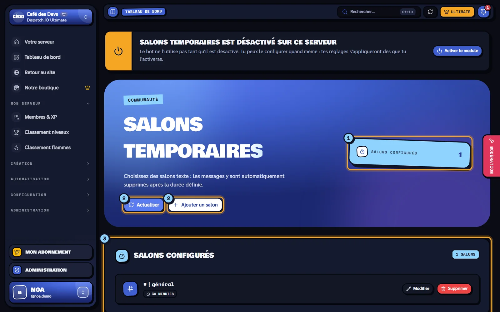 Page Salons temporaires avec un salon configuré