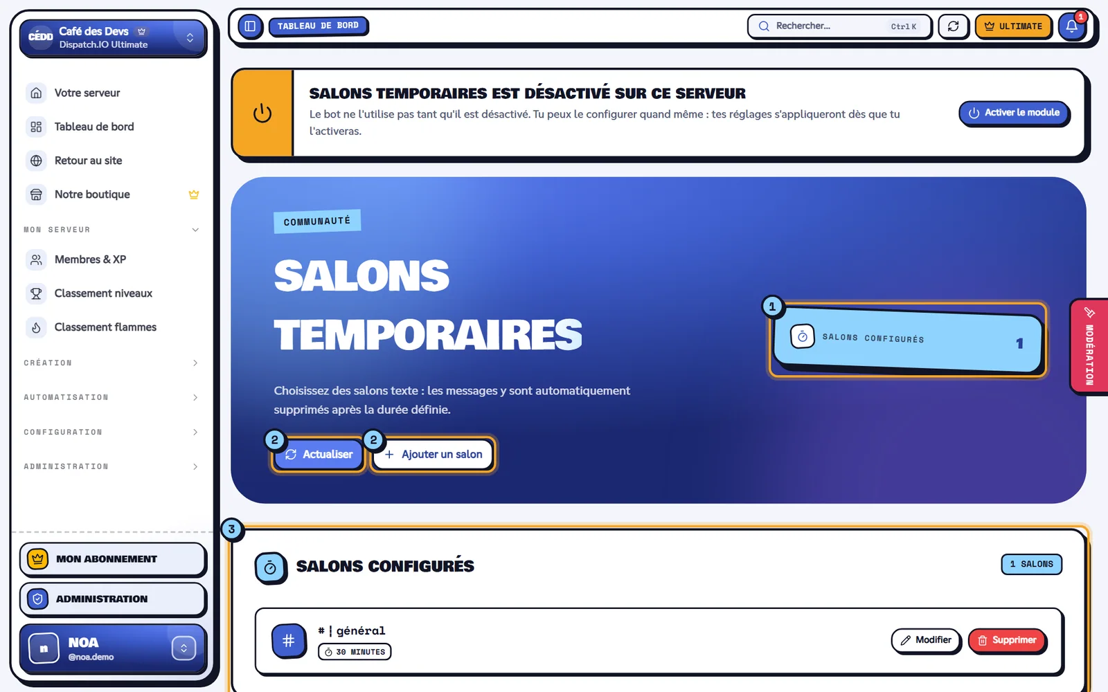 Page Salons temporaires avec un salon configuré