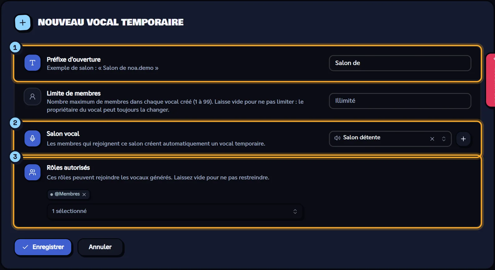 Formulaire Nouveau vocal temporaire