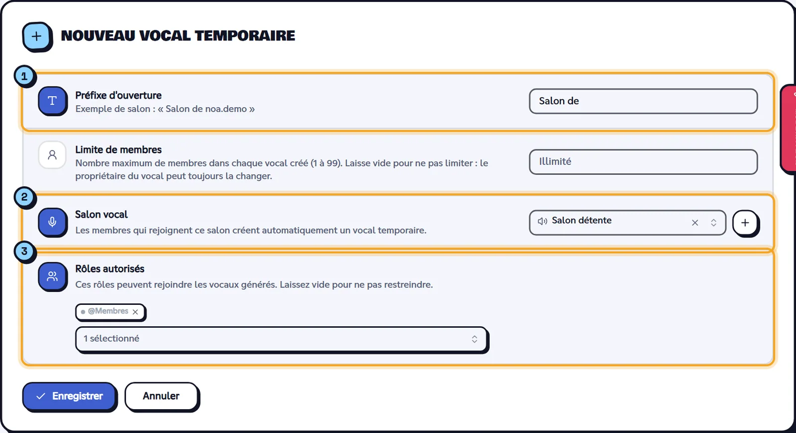 Formulaire Nouveau vocal temporaire