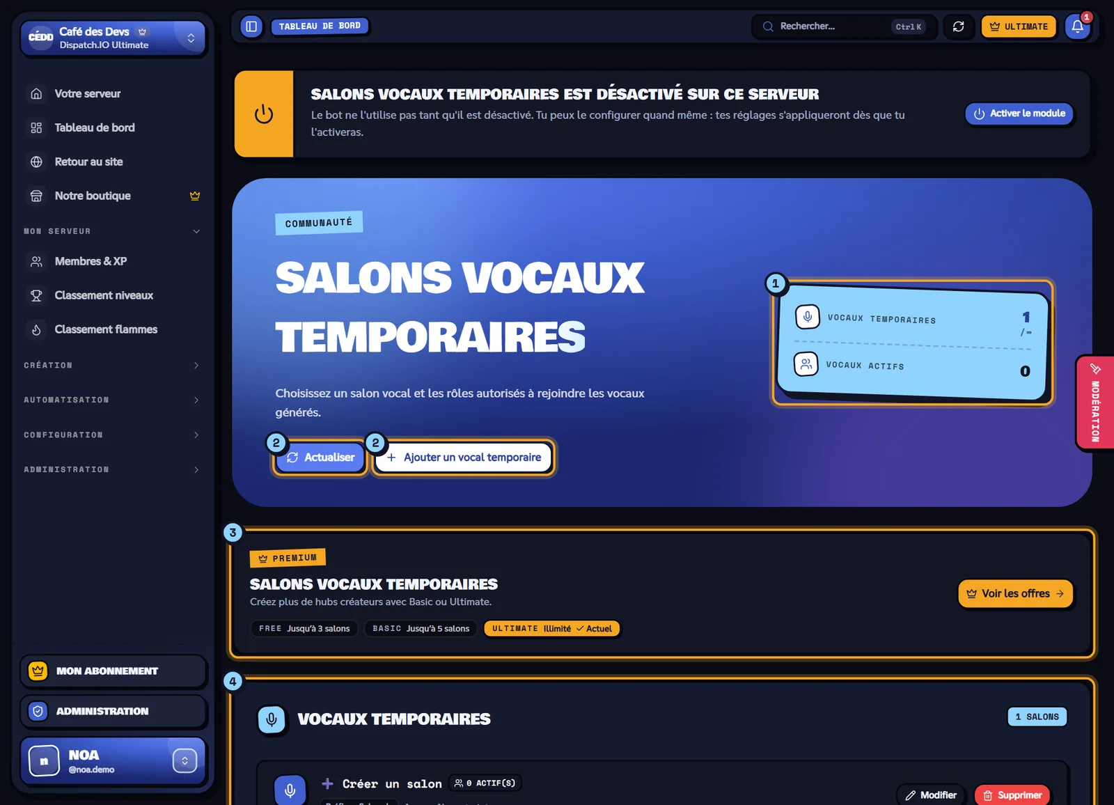 Page Salons vocaux temporaires avec le salon créateur « ➕ Créer un salon »